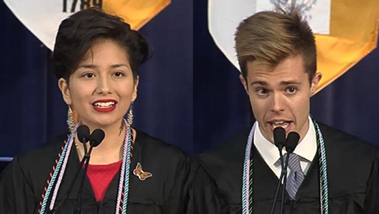 Composite image of Citlalli Alvarez (C'15) and Alex O'Neill (C'15) in graduation regalia
